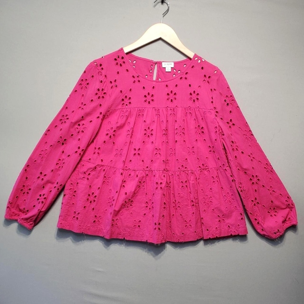 J. Crew Eyelet Tiered Popover Top Womens L‎ Pink Cotton Balloon Sleeve Boho Chic